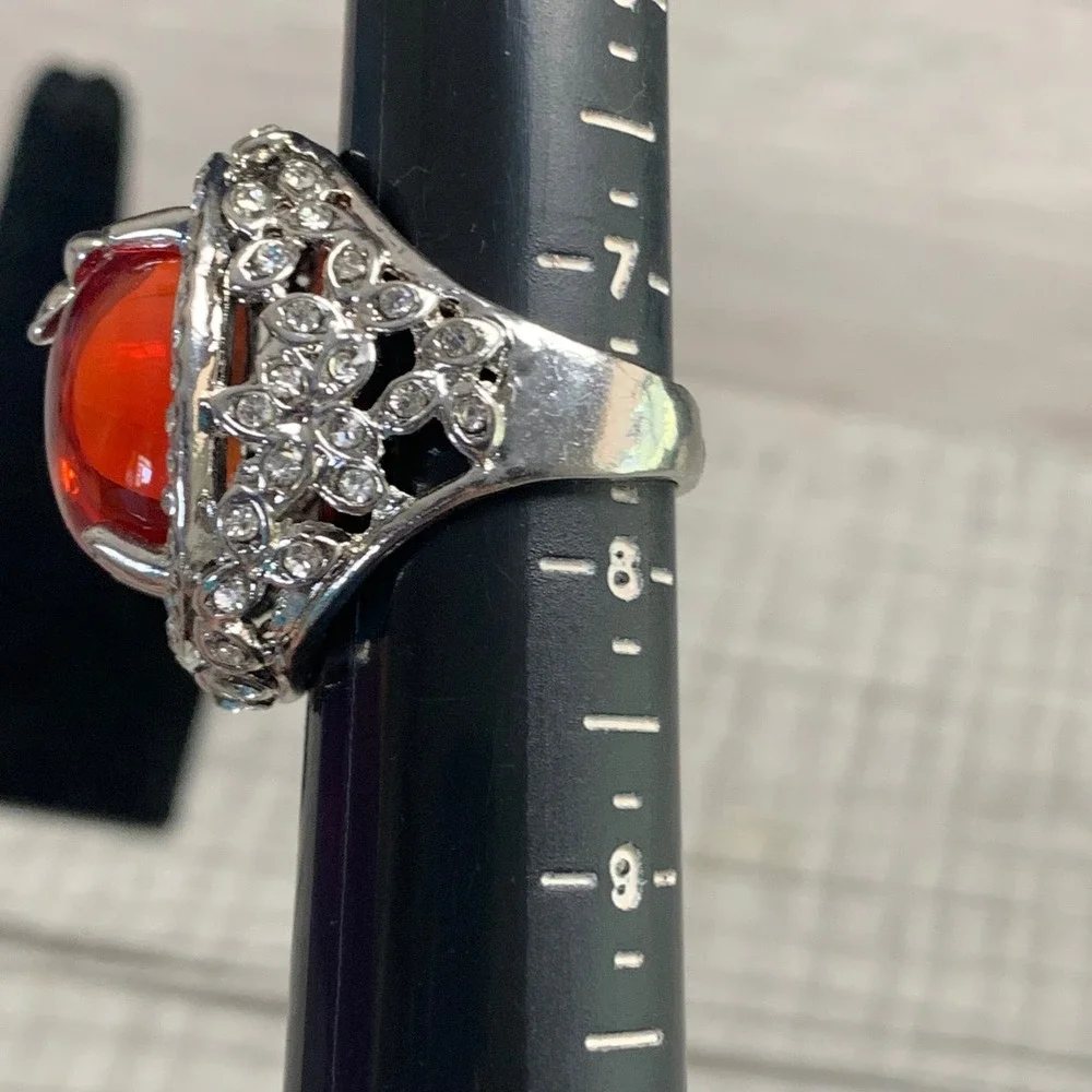 Vintage Style Red Cabochon Statement Ring Silver Tone Rhinestone Halo Size 7.5